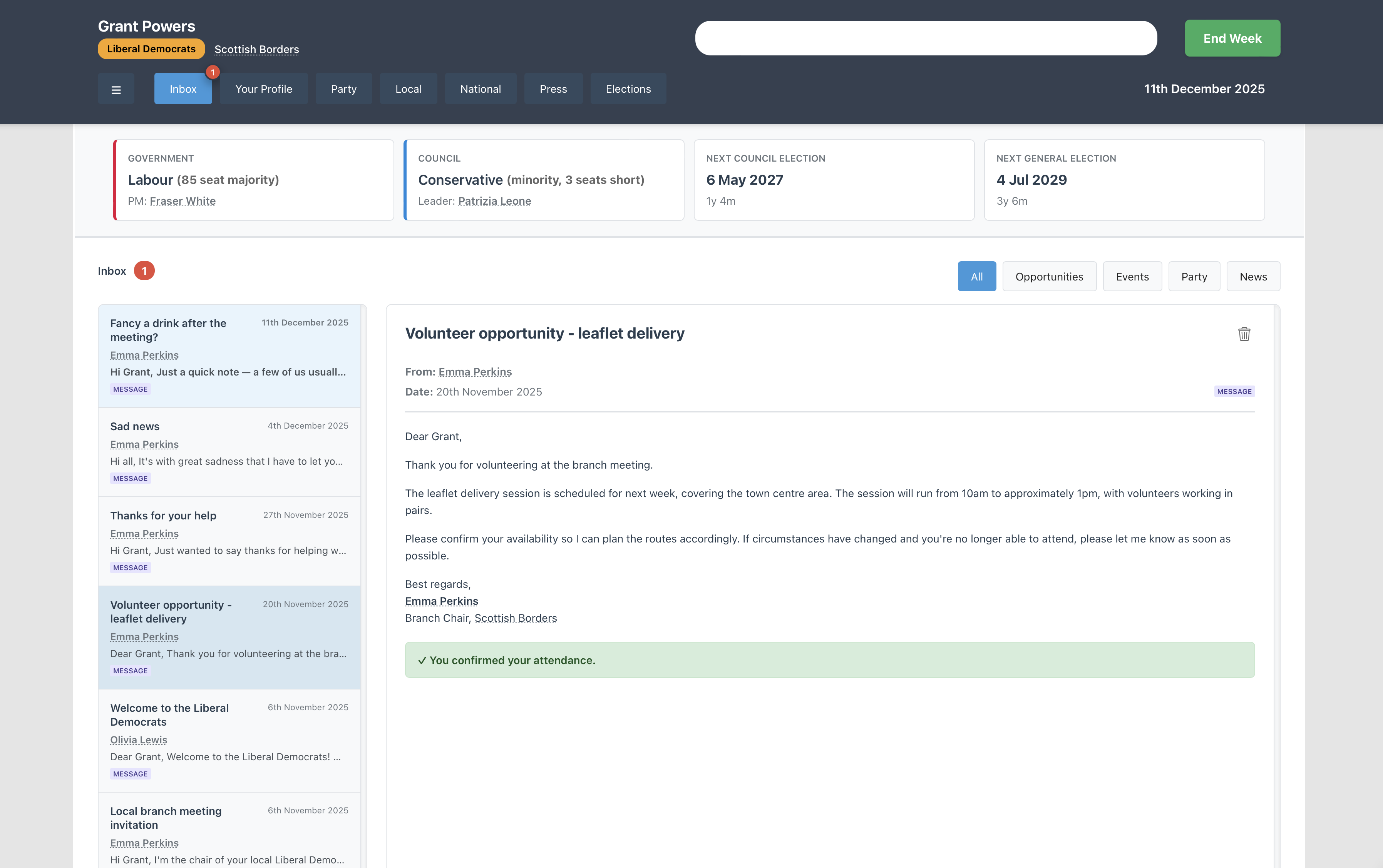 UK Politics Simulator - In-game messaging and volunteer opportunities